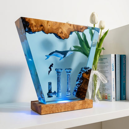 Atlantis Ruins Whale Epoxy Resin Wood Night Light with Scuba Diver