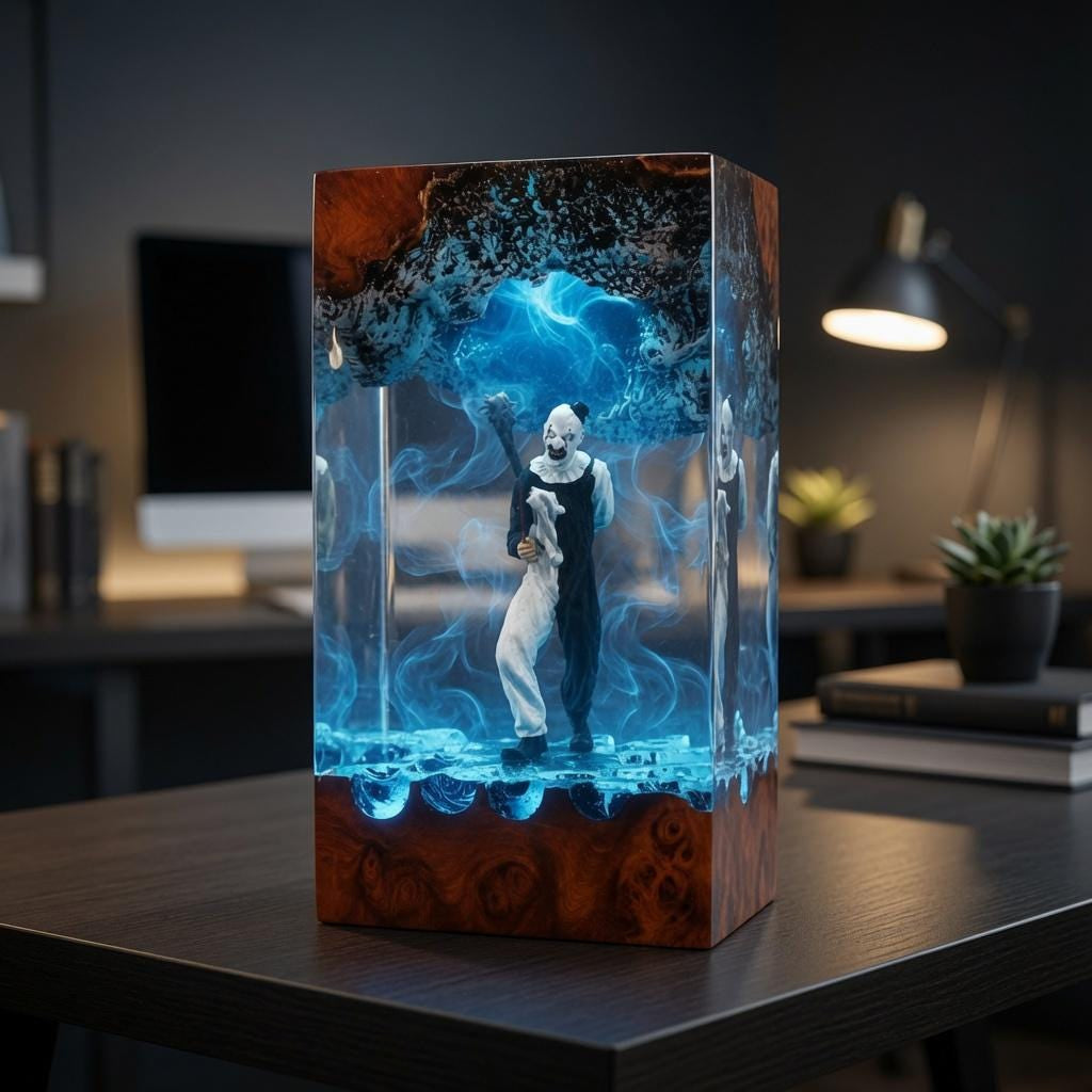 Handmade Art the Clown Terrifier Wood Night Light, Gothic Horror Desk Lamp