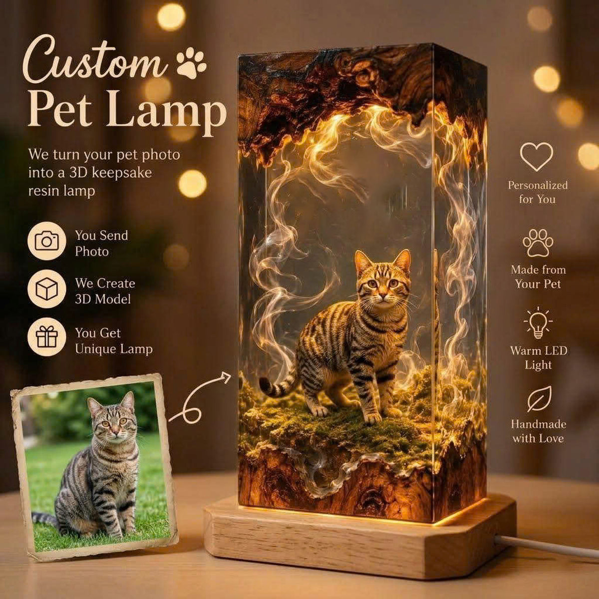 Custom Pet Figure Resin Wood Lamp - Unique Pet Memorial