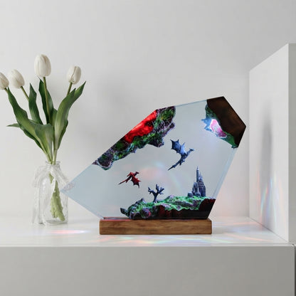 Flying Dragons Over Castle Epoxy Resin Lamp.