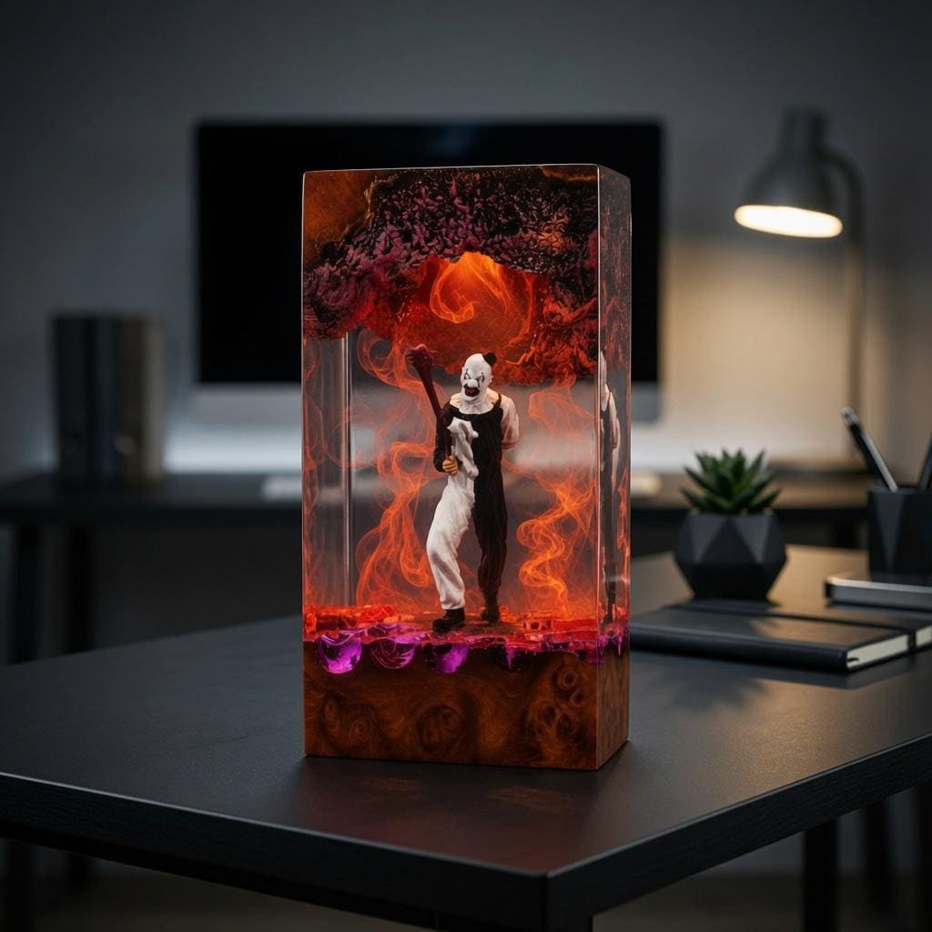 Handmade Art the Clown Terrifier Wood Night Light, Gothic Horror Desk Lamp