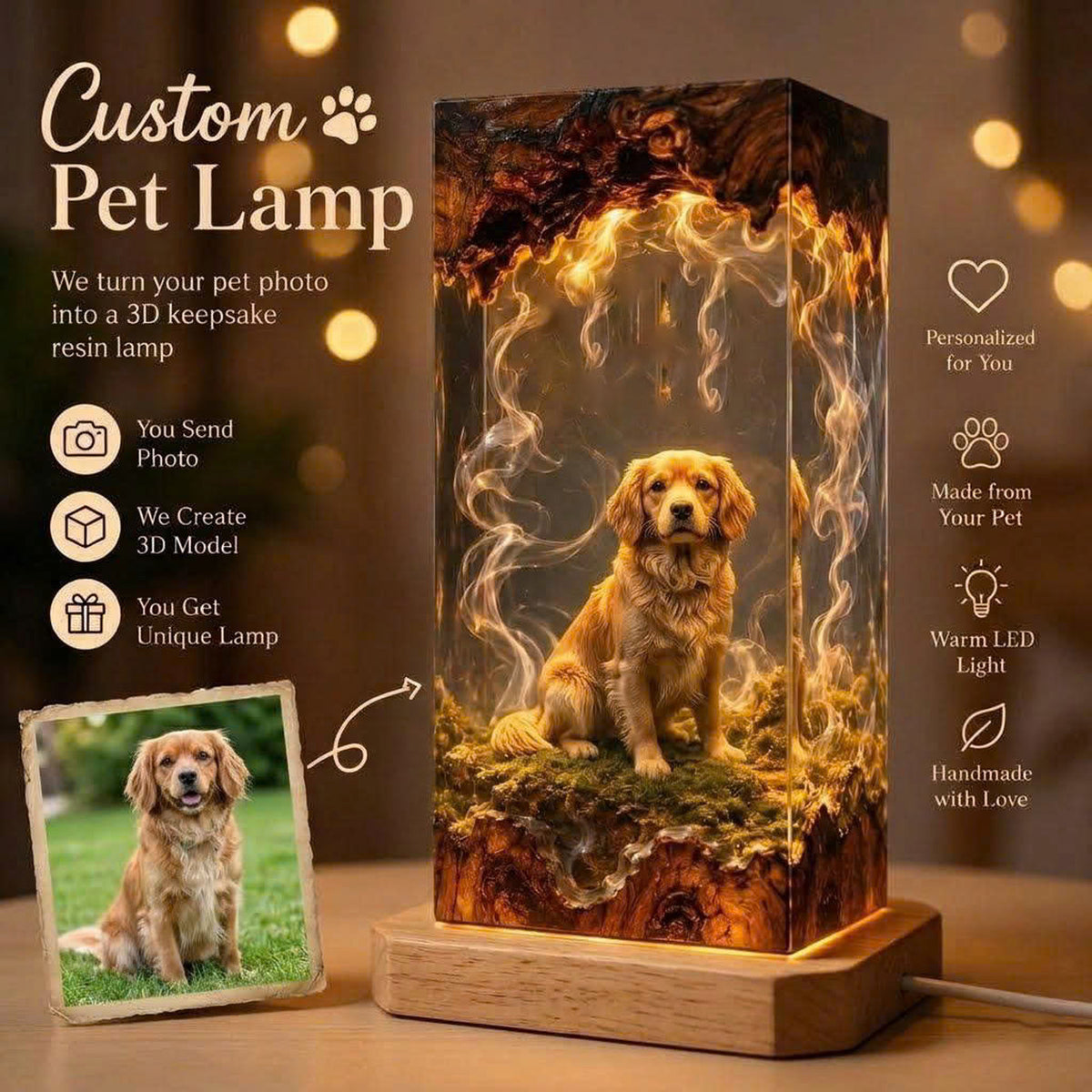 Custom Pet Figure Resin Wood Lamp - Unique Pet Memorial