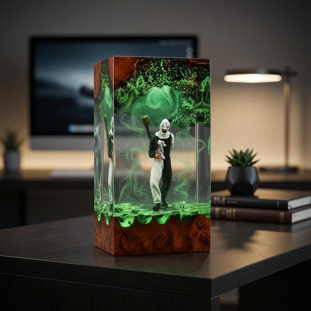 Handmade Art the Clown Terrifier Wood Night Light, Gothic Horror Desk Lamp