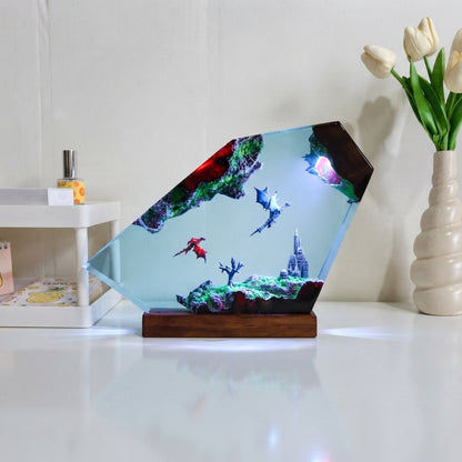 Flying Dragons Over Castle Epoxy Resin Lamp.