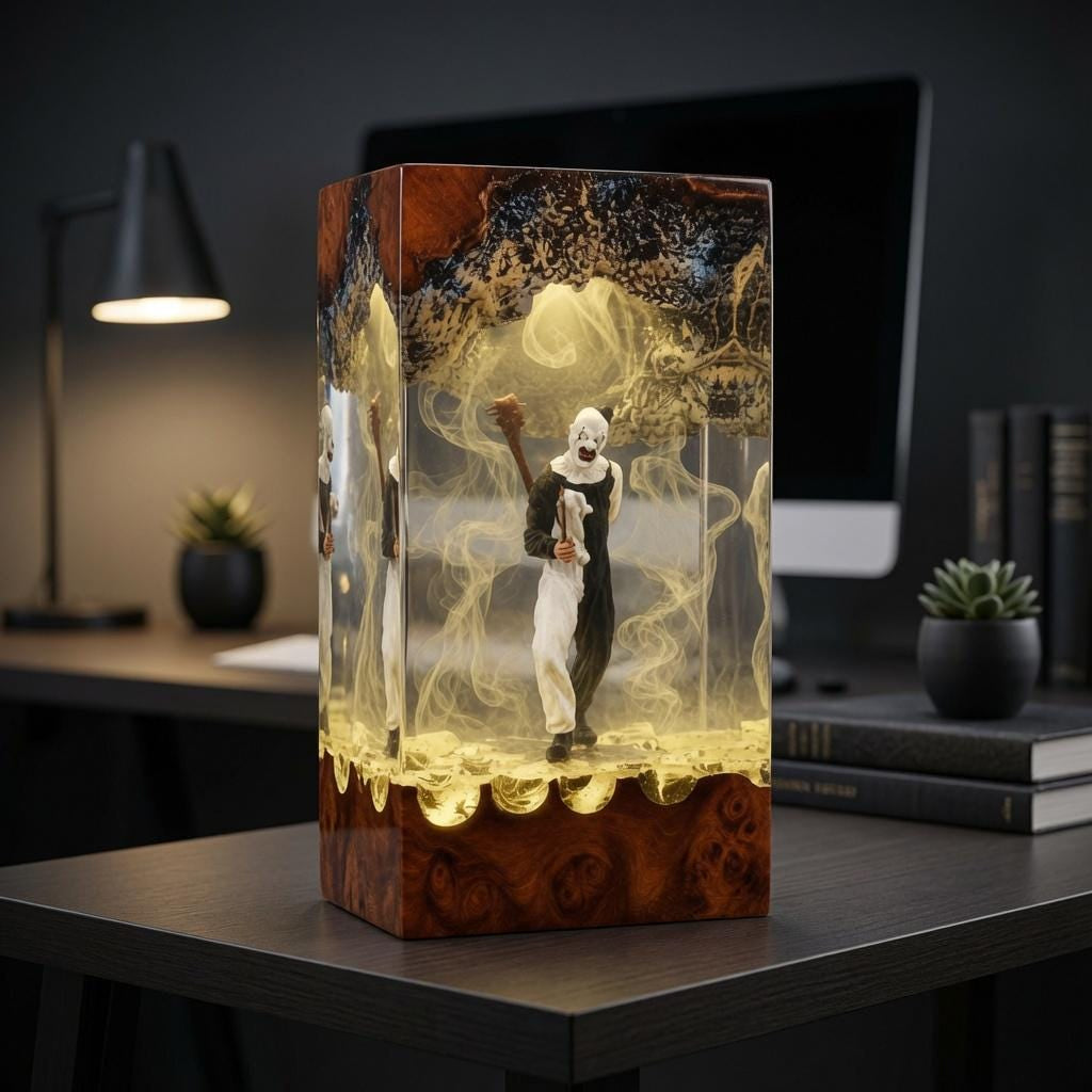 Handmade Art the Clown Terrifier Wood Night Light, Gothic Horror Desk Lamp