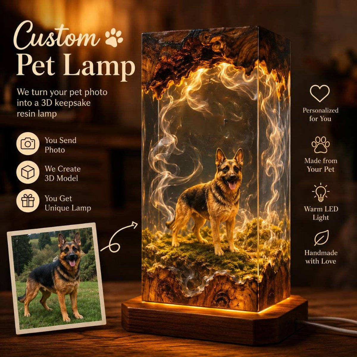 Custom Pet Figure Resin Wood Lamp - Unique Pet Memorial