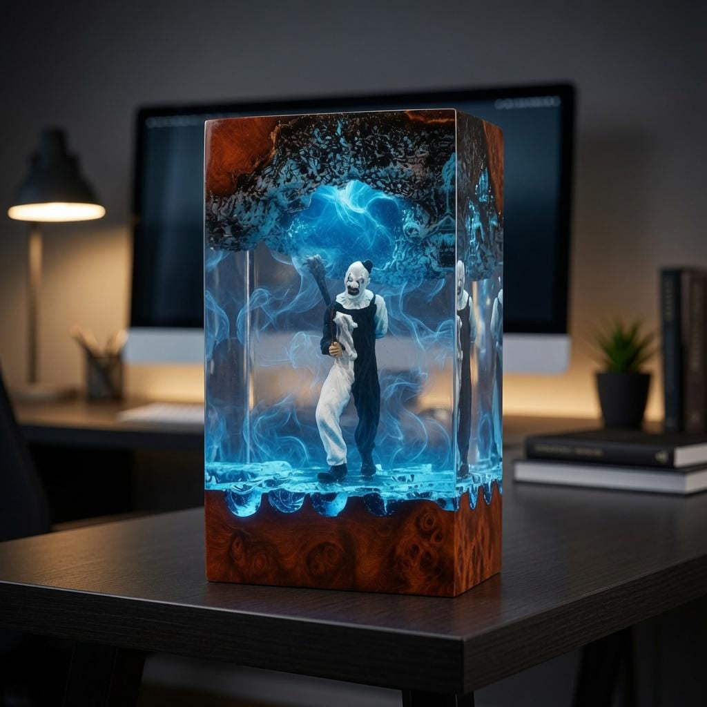Handmade Art the Clown Terrifier Wood Night Light, Gothic Horror Desk Lamp