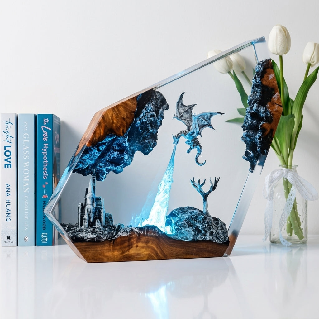 Gray Dragon Firestorm Epoxy Resin Cube Night Light Castle Lamp
