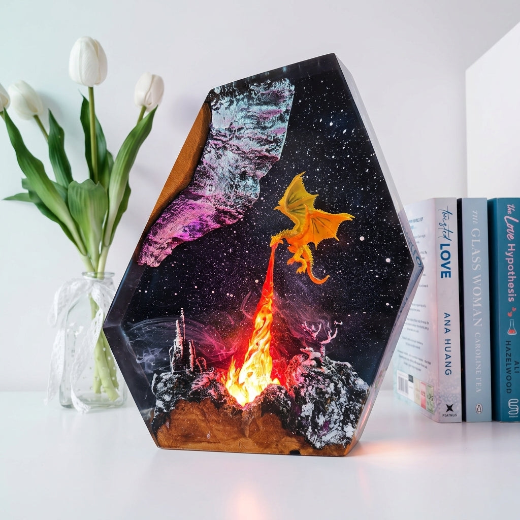 Fire Dragon Epoxy Resin Wood Night Light Galaxy Table Lamp