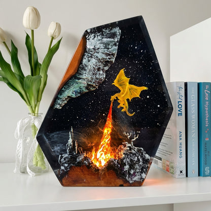 Fire Dragon Epoxy Resin Wood Night Light Galaxy Table Lamp