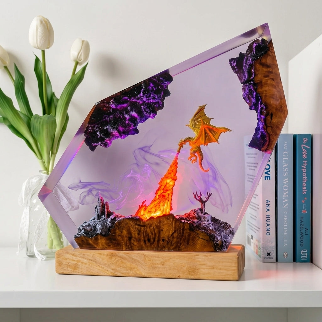 Fire Dragon Castle Epoxy Resin Wood Night Light Geometric Art Lamp