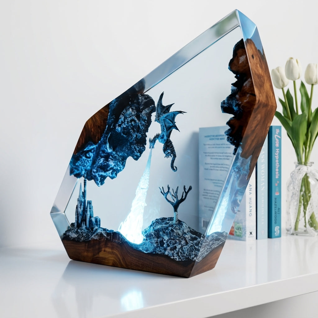 Gray Dragon Firestorm Epoxy Resin Cube Night Light Castle Lamp