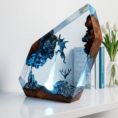 Gray Dragon Firestorm Epoxy Resin Cube Night Light Castle Lamp