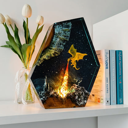 Fire Dragon Epoxy Resin Wood Night Light Galaxy Table Lamp