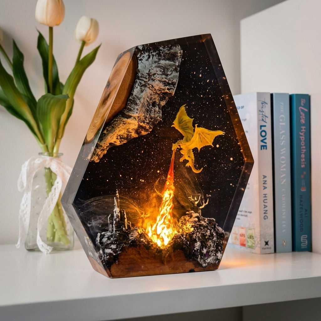 Fire Dragon Epoxy Resin Wood Night Light Galaxy Table Lamp