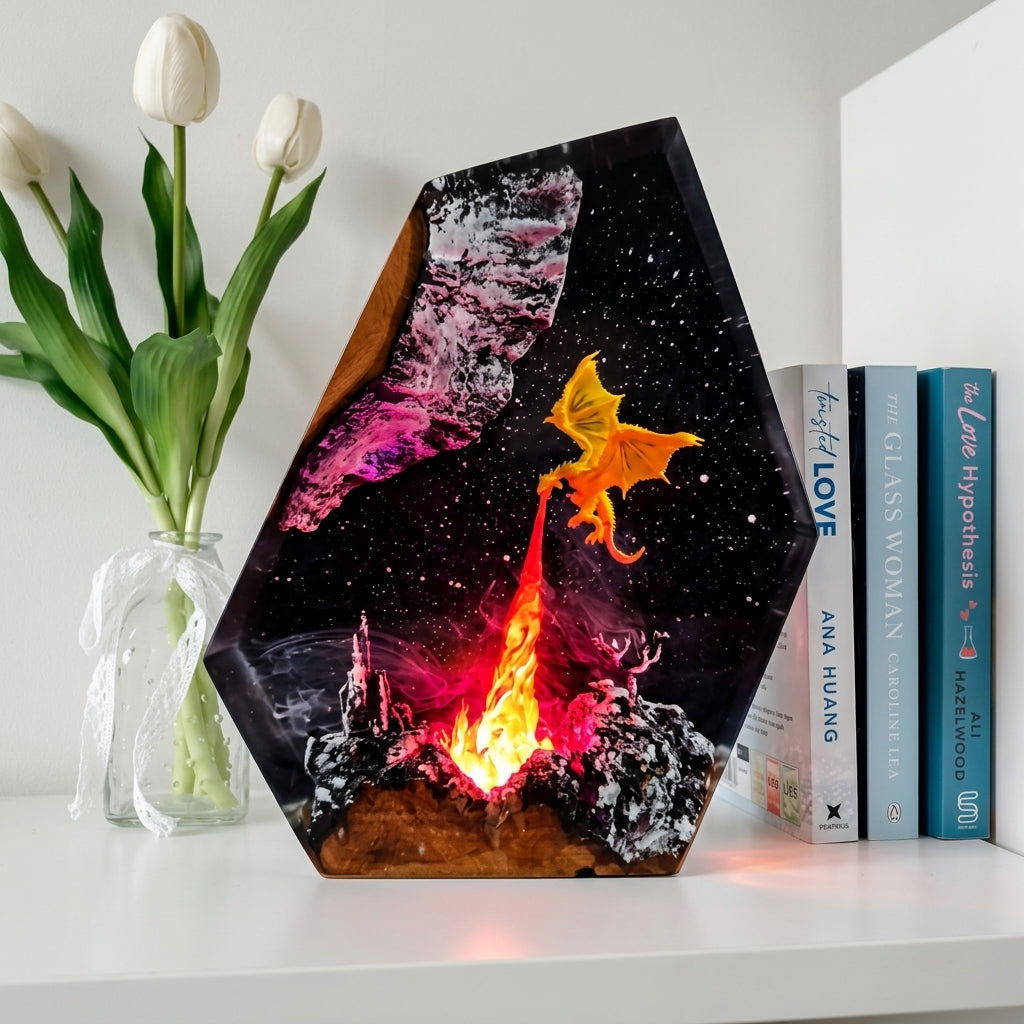 Fire Dragon Epoxy Resin Wood Night Light Galaxy Table Lamp