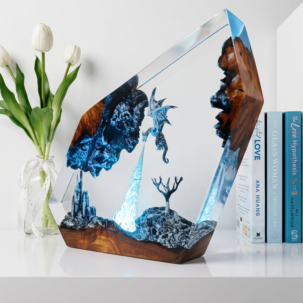 Gray Dragon Firestorm Epoxy Resin Cube Night Light Castle Lamp