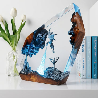 Gray Dragon Firestorm Epoxy Resin Cube Night Light Castle Lamp