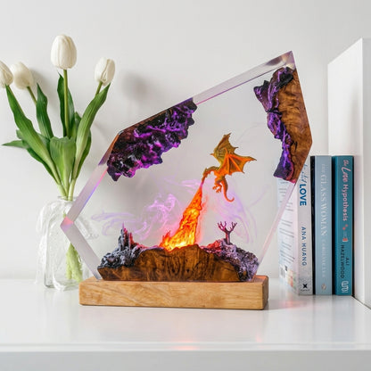 Fire Dragon Castle Epoxy Resin Wood Night Light Geometric Art Lamp