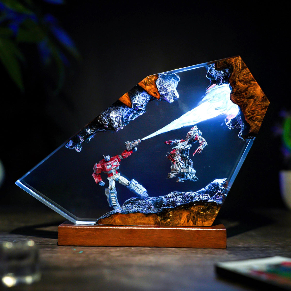 Handcrafted Optimus Prime vs Megatron Epoxy Resin Lamp