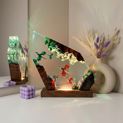 Flying Dragon Ice Cave Epoxy Resin Wood Night Light Crystal Castle Lamp