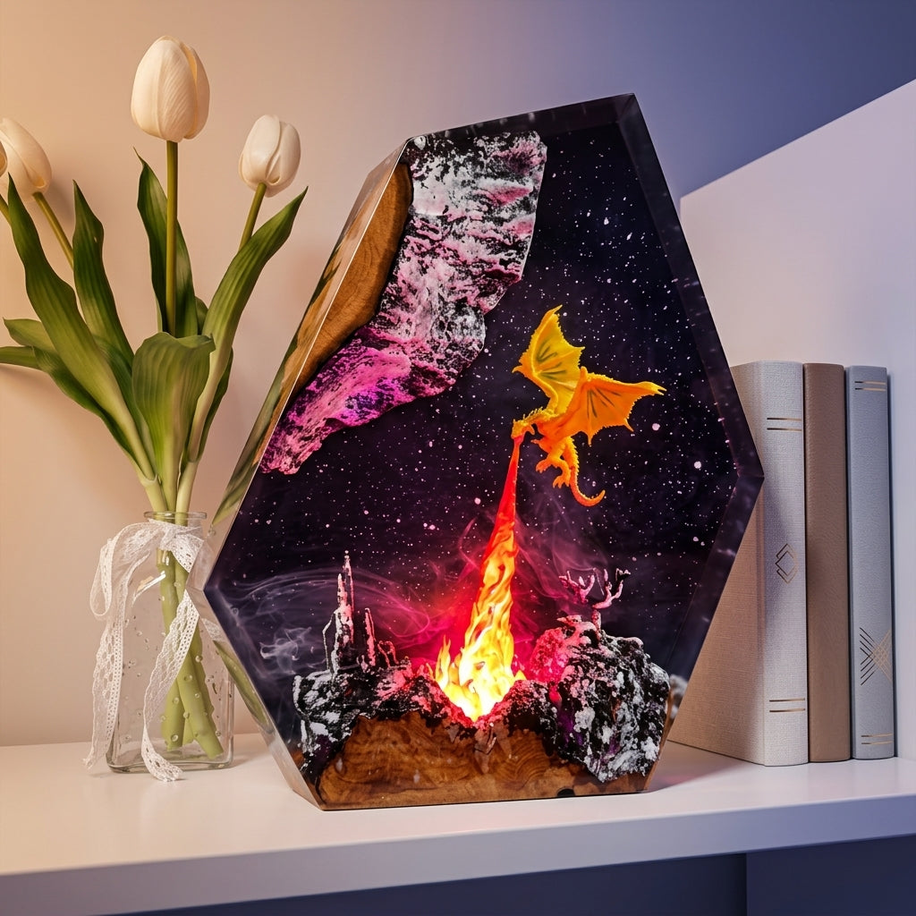 Fire Dragon Epoxy Resin Wood Night Light Galaxy Table Lamp