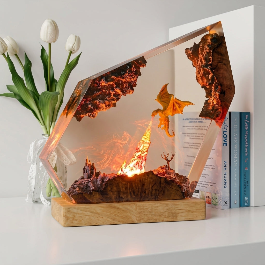 Fire Dragon Castle Epoxy Resin Wood Night Light Geometric Art Lamp
