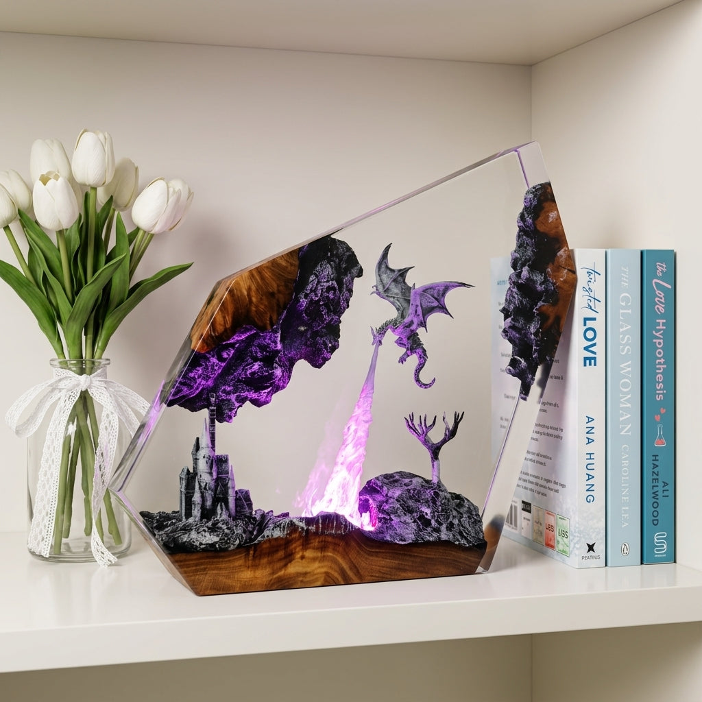 Gray Dragon Firestorm Epoxy Resin Cube Night Light Castle Lamp