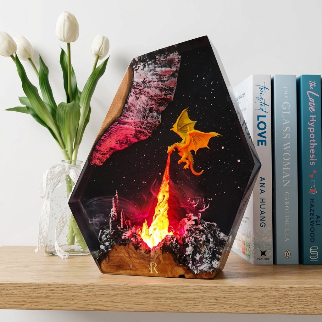 Fire Dragon Epoxy Resin Wood Night Light Galaxy Table Lamp
