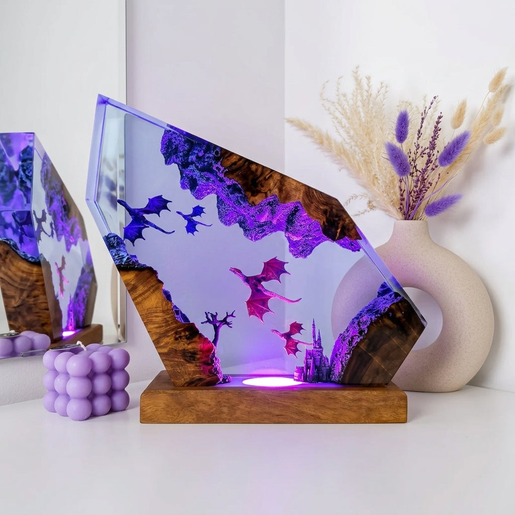 Flying Dragon Ice Cave Epoxy Resin Wood Night Light Crystal Castle Lamp