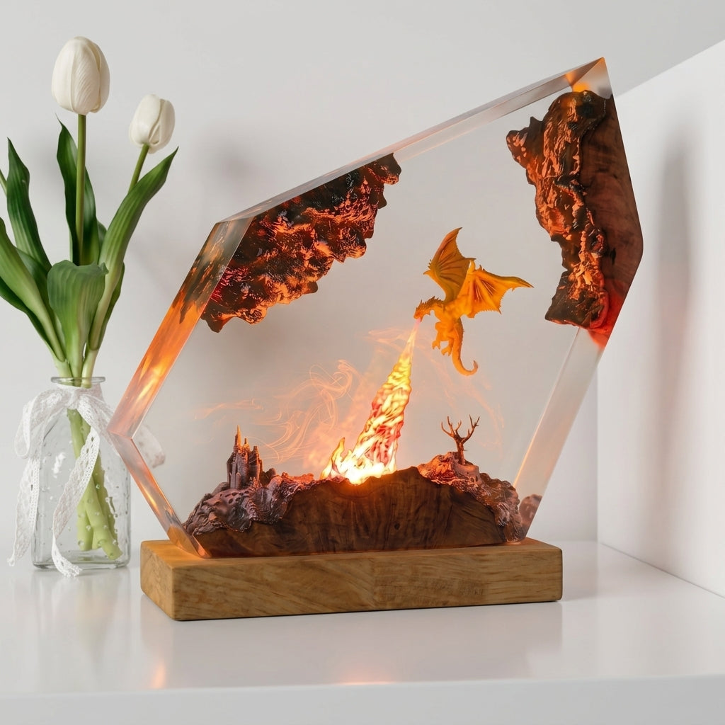 Fire Dragon Castle Epoxy Resin Wood Night Light Geometric Art Lamp