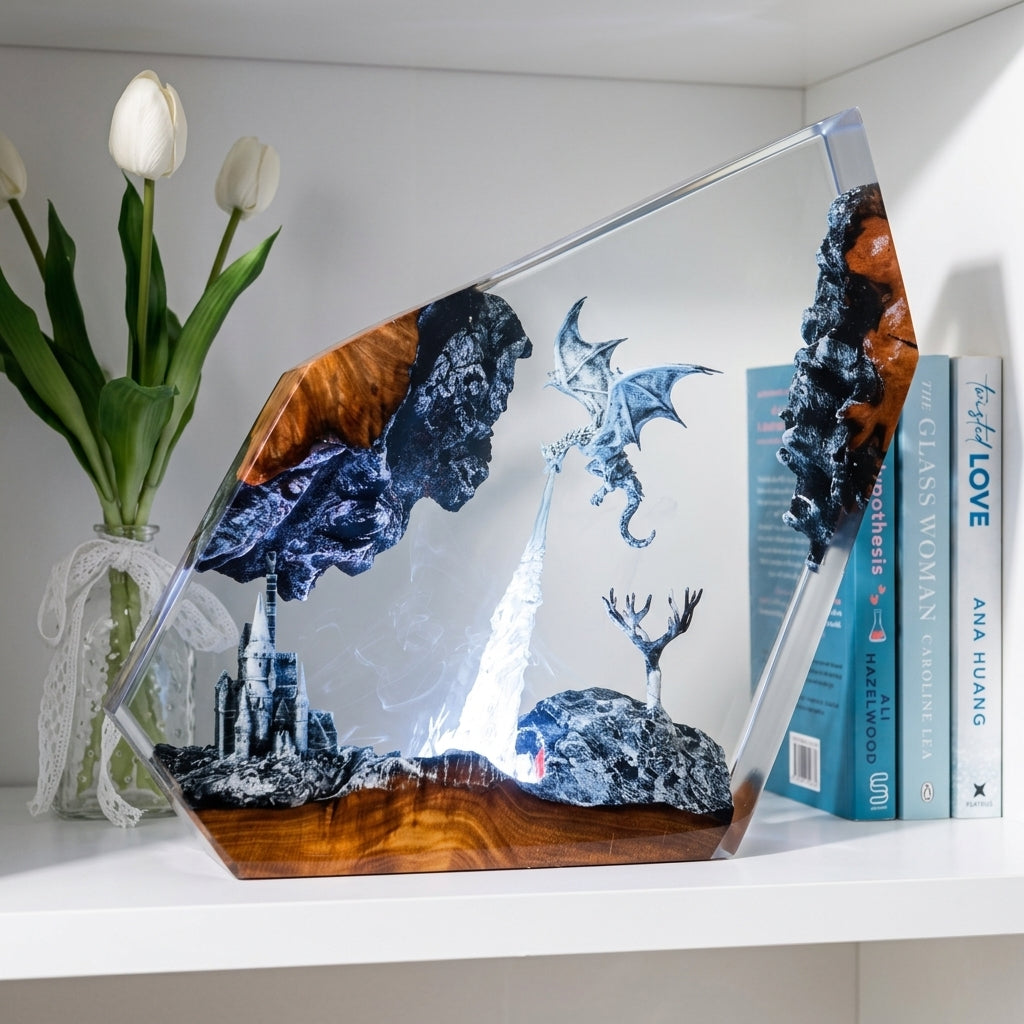 Gray Dragon Firestorm Epoxy Resin Cube Night Light Castle Lamp