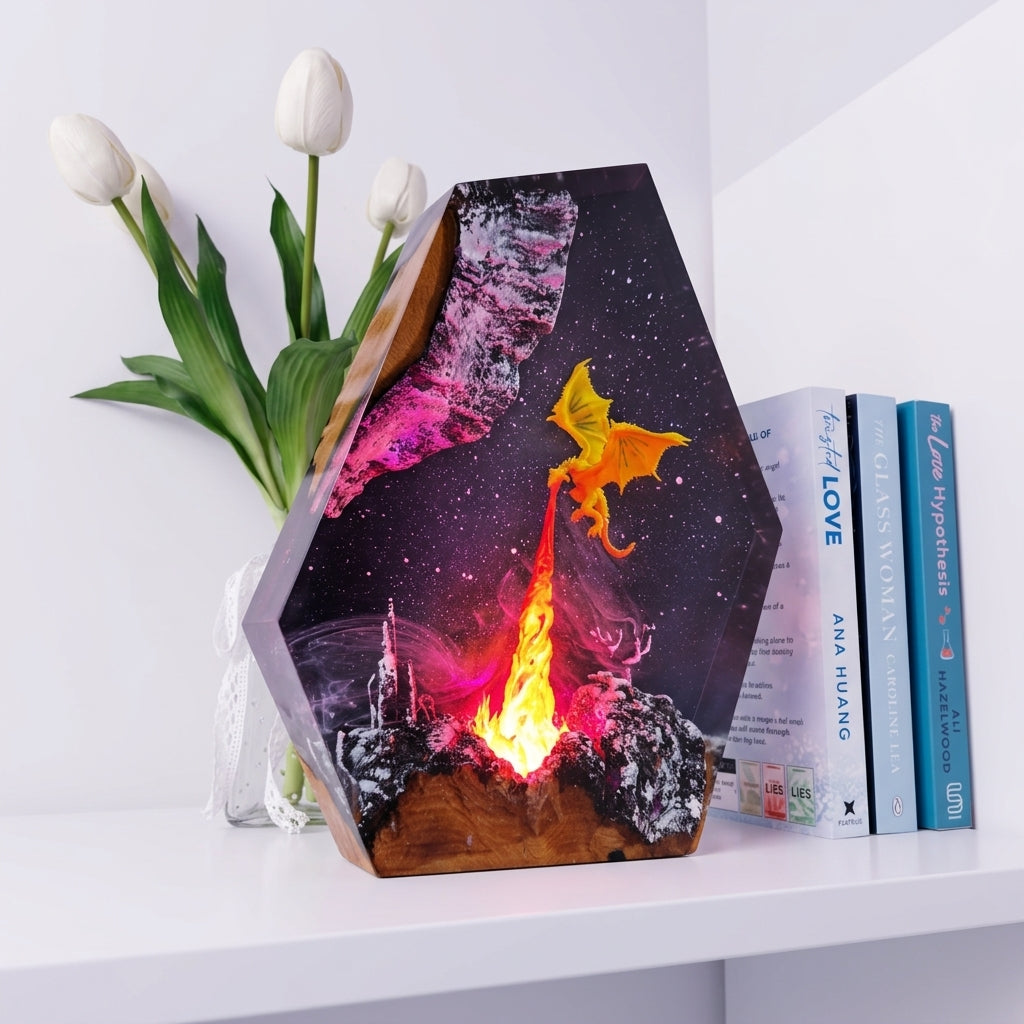 Fire Dragon Epoxy Resin Wood Night Light Galaxy Table Lamp