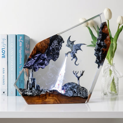 Gray Dragon Firestorm Epoxy Resin Cube Night Light Castle Lamp