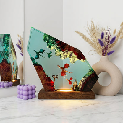 Flying Dragon Ice Cave Epoxy Resin Wood Night Light Crystal Castle Lamp