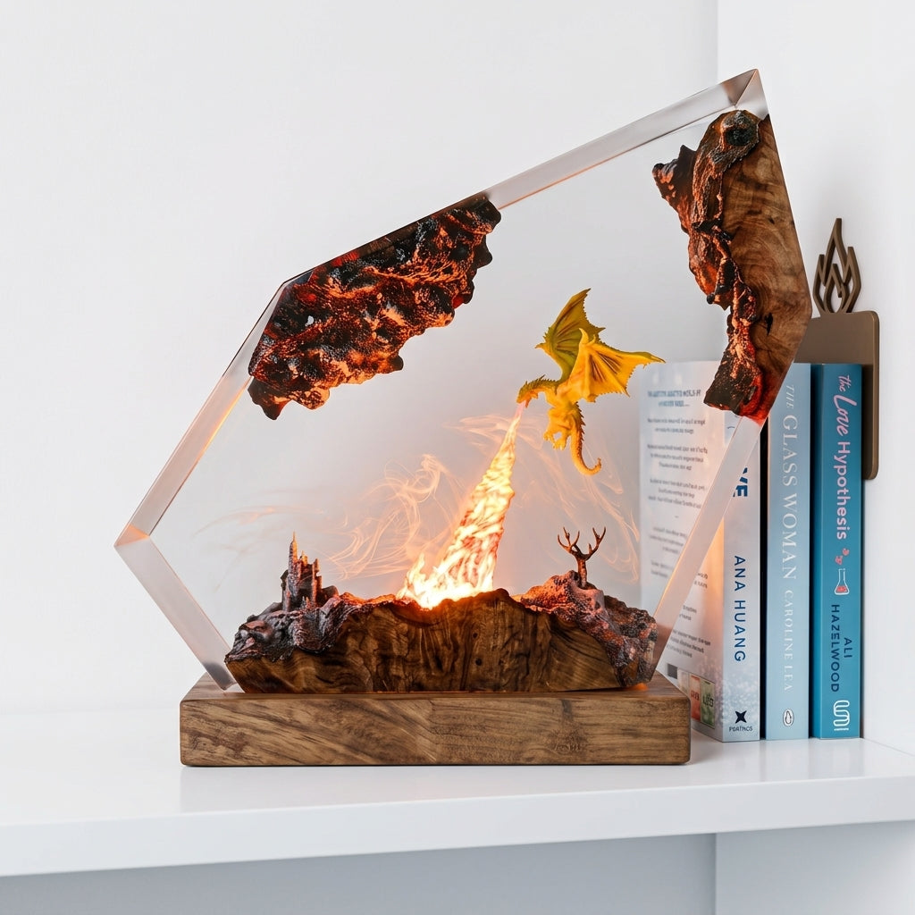 Fire Dragon Castle Epoxy Resin Wood Night Light Geometric Art Lamp