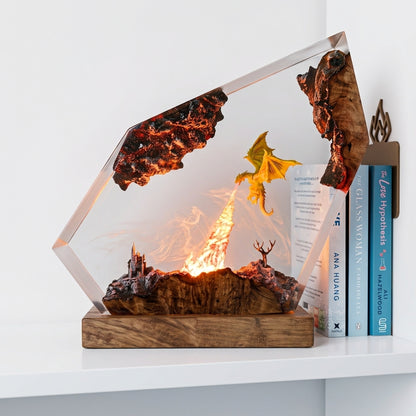 Fire Dragon Castle Epoxy Resin Wood Night Light Geometric Art Lamp