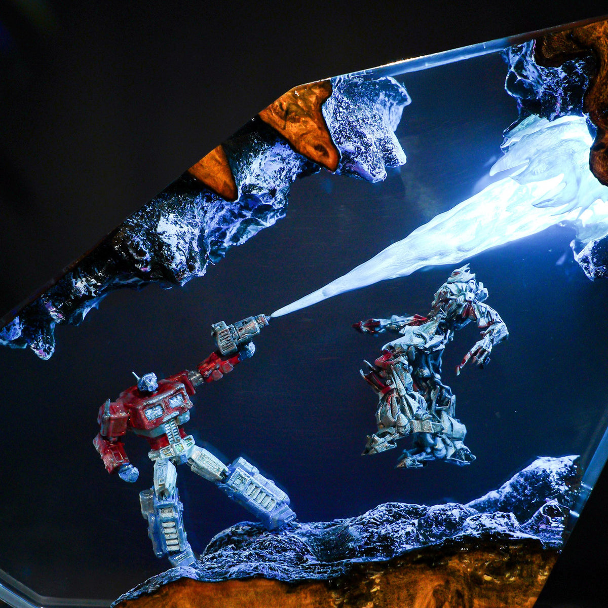 Handcrafted Optimus Prime vs Megatron Epoxy Resin Lamp