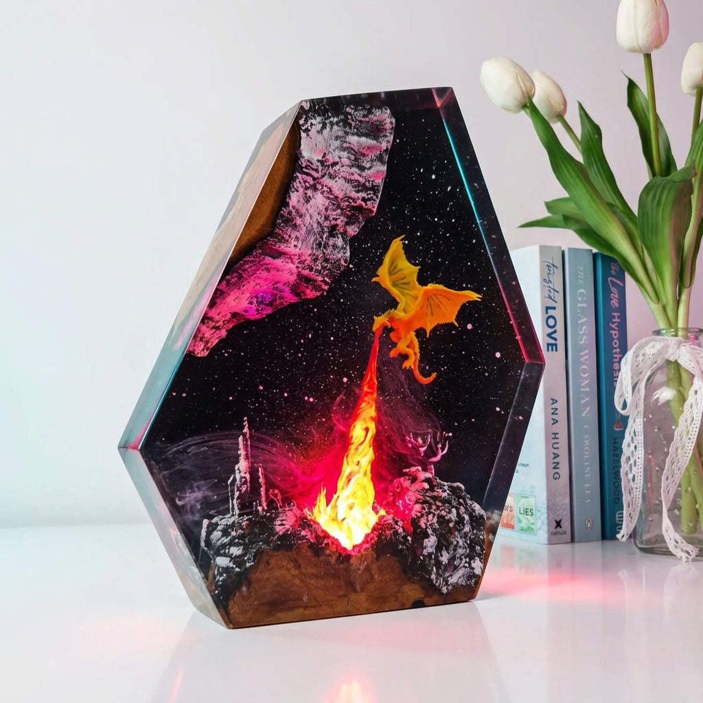 Fire Dragon Epoxy Resin Wood Night Light Galaxy Table Lamp