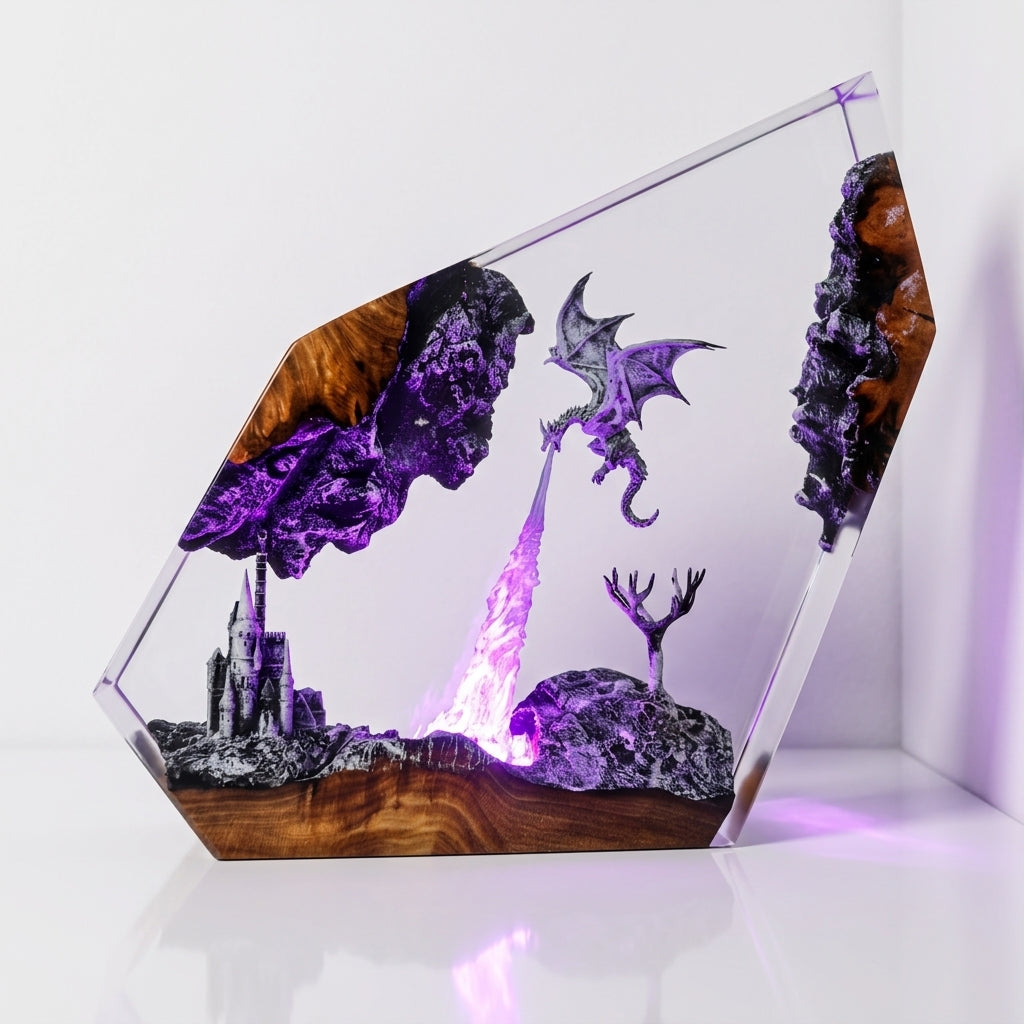 Gray Dragon Firestorm Epoxy Resin Cube Night Light Castle Lamp