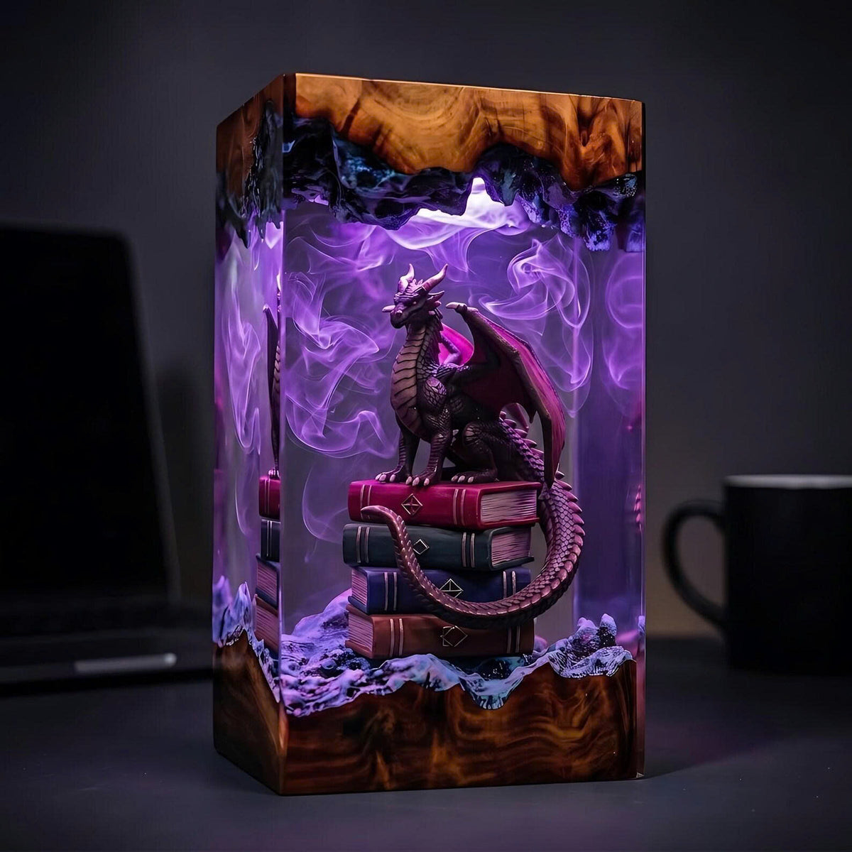 Handcrafted Dragon on Books Epoxy Resin Lamp