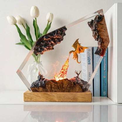 Fire Dragon Castle Epoxy Resin Wood Night Light Geometric Art Lamp