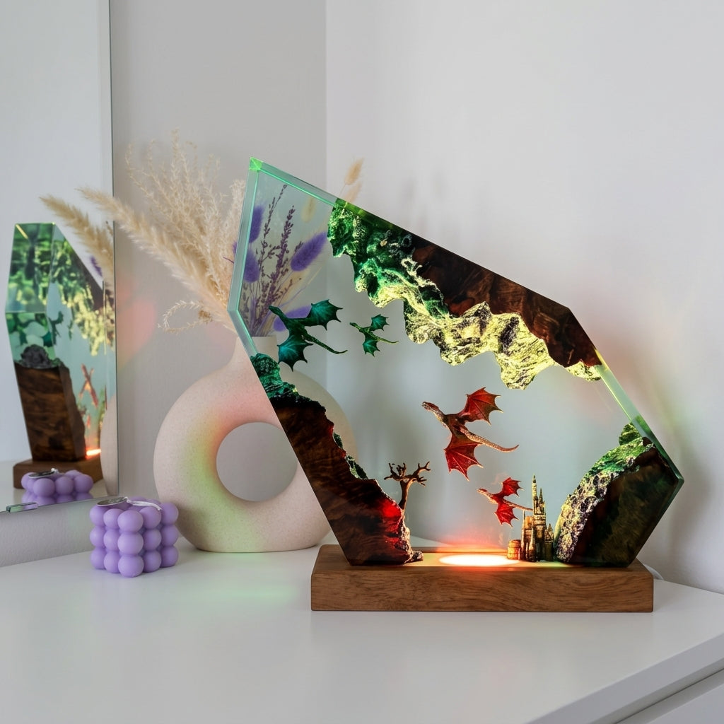 Flying Dragon Ice Cave Epoxy Resin Wood Night Light Crystal Castle Lamp