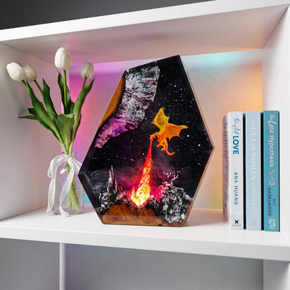 Fire Dragon Epoxy Resin Wood Night Light Galaxy Table Lamp