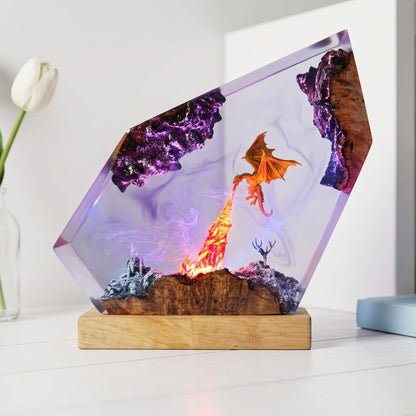 Fire Dragon Castle Epoxy Resin Wood Night Light Geometric Art Lamp