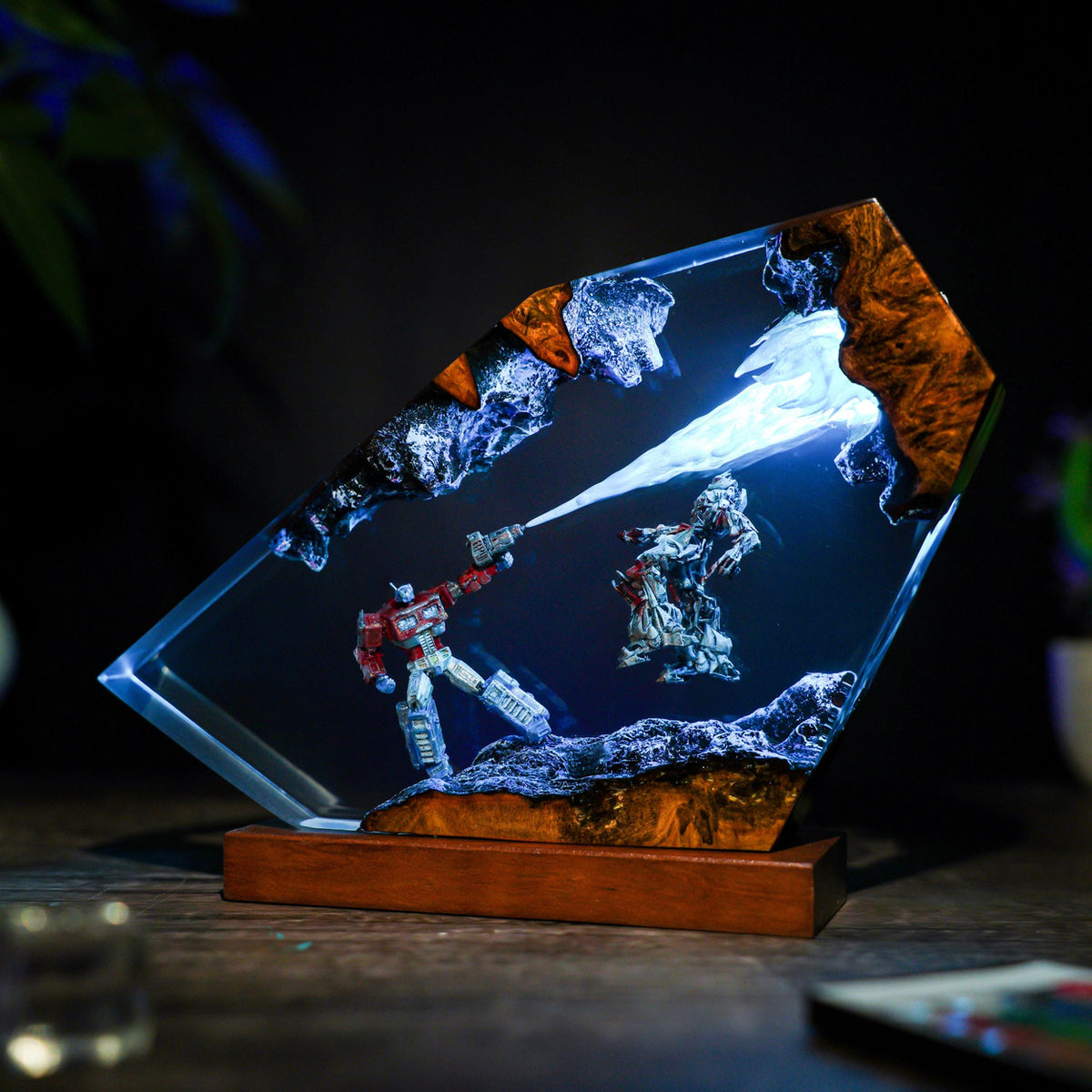 Handcrafted Optimus Prime vs Megatron Epoxy Resin Lamp