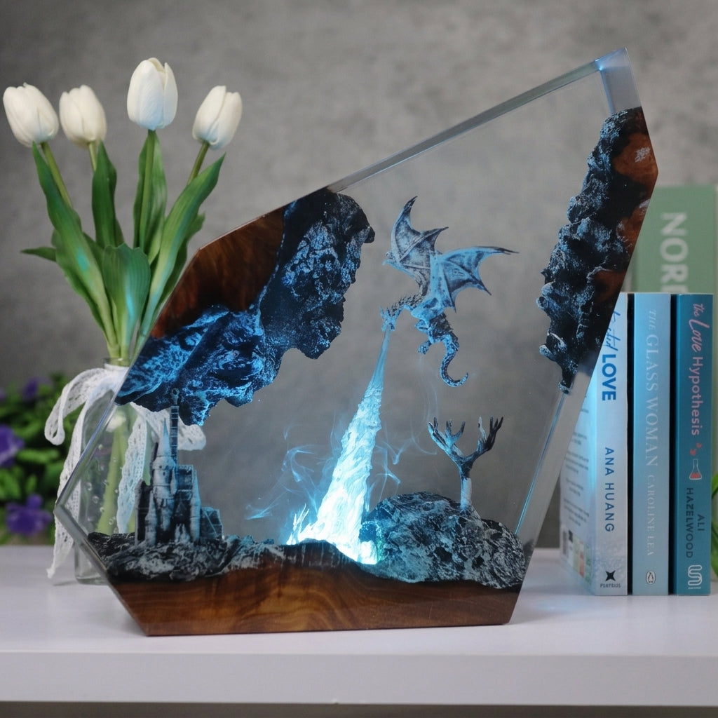 Gray Dragon Firestorm Epoxy Resin Cube Night Light Castle Lamp