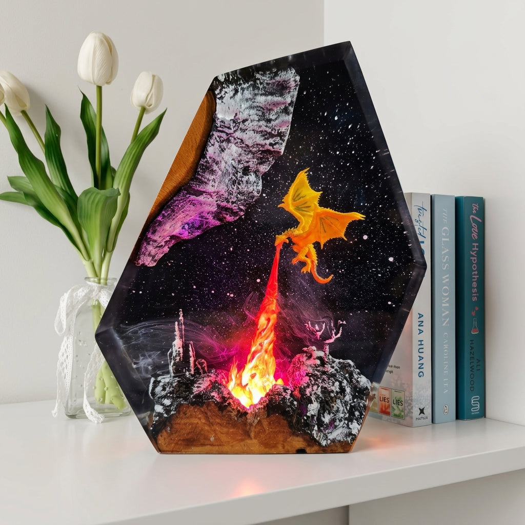 Fire Dragon Epoxy Resin Wood Night Light Galaxy Table Lamp