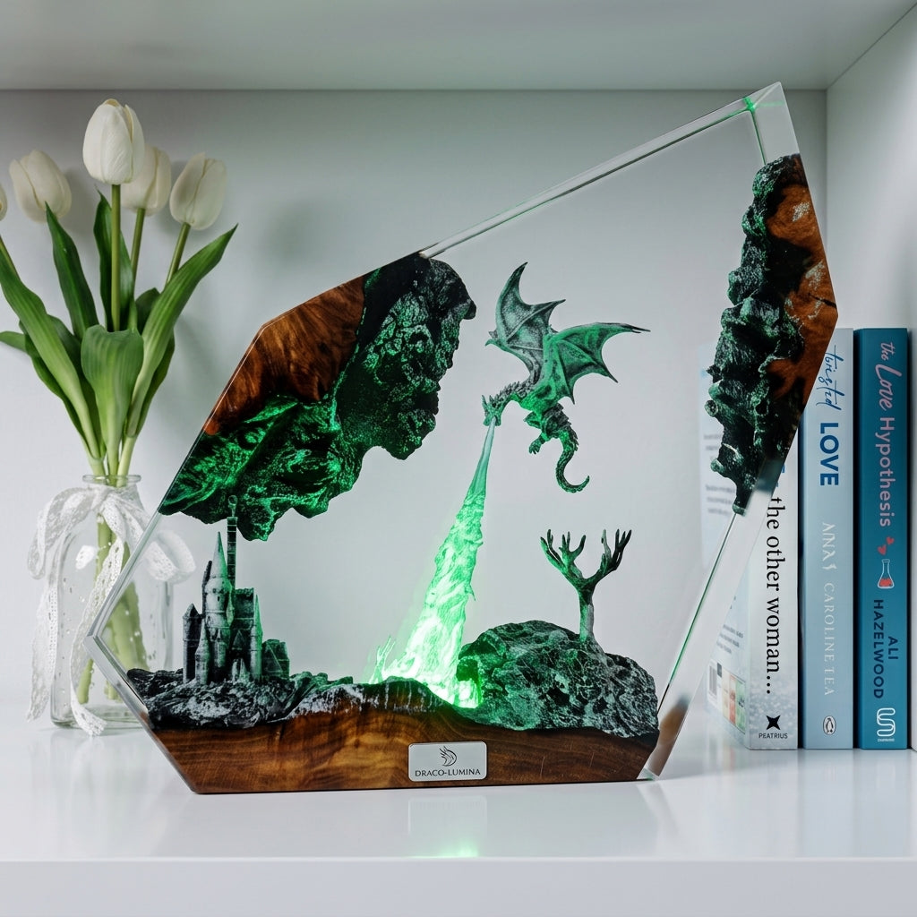 Gray Dragon Firestorm Epoxy Resin Cube Night Light Castle Lamp