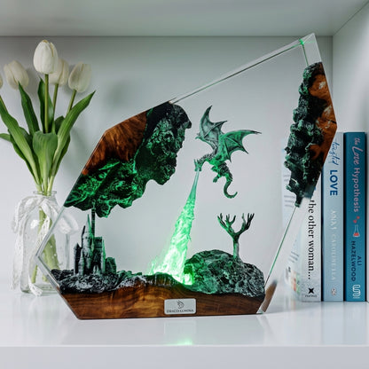 Gray Dragon Firestorm Epoxy Resin Cube Night Light Castle Lamp